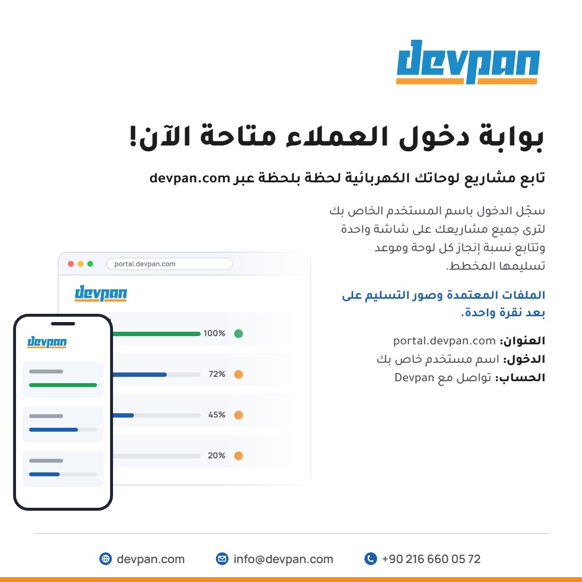 إعلان Devpan عن بوابة دخول العملاء: حالة مشاريع اللوحات على portal.devpan.com