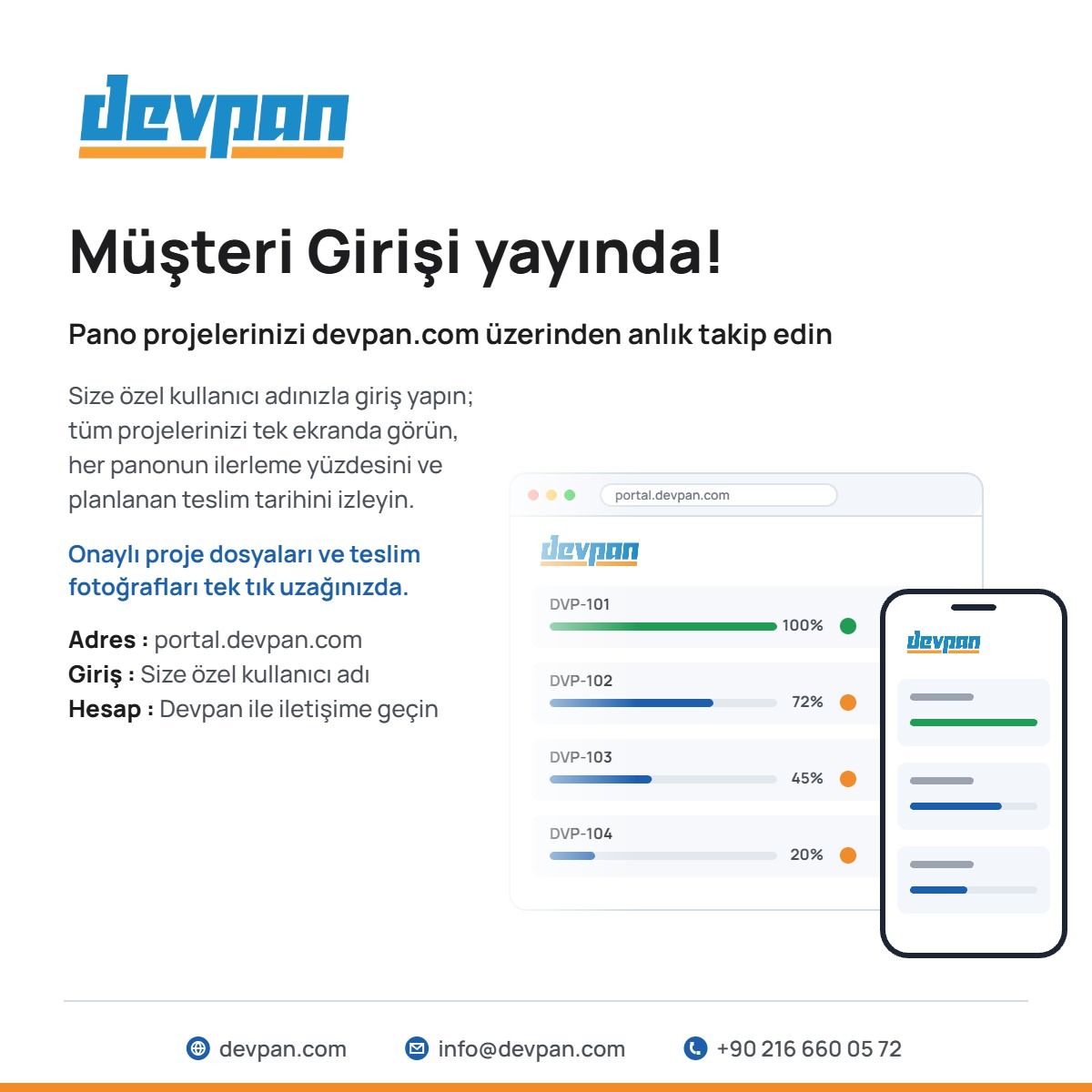 Devpan Müşteri Girişi duyurusu: portal.devpan.com üzerinde pano projelerinin ilerleme durumu