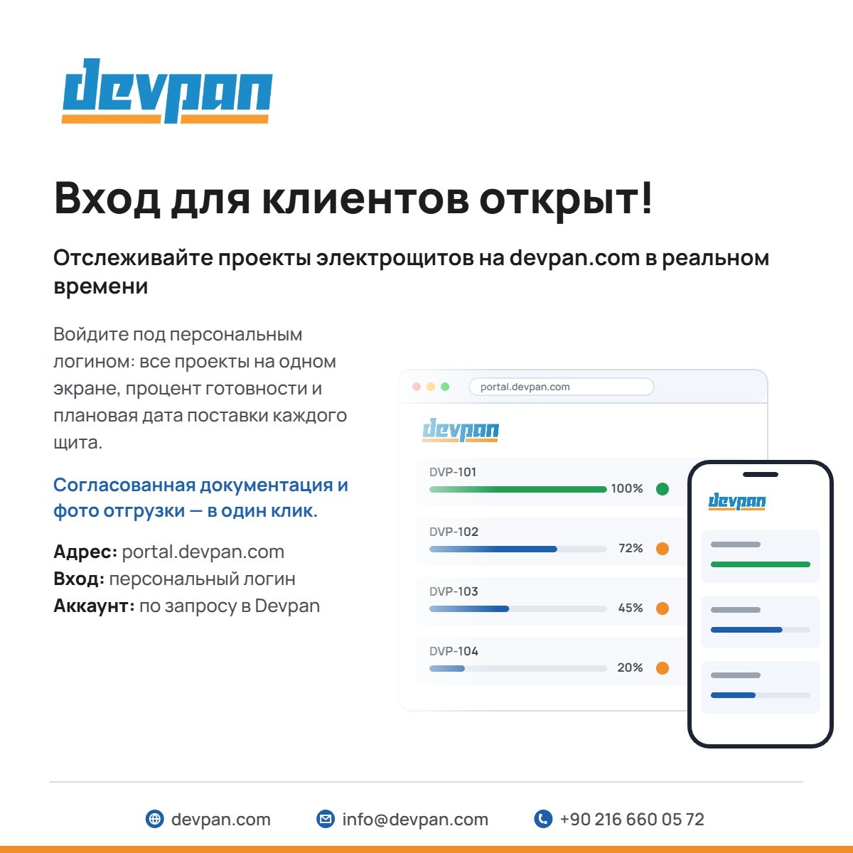 Объявление Devpan о входе для клиентов: статус проектов щитов на portal.devpan.com