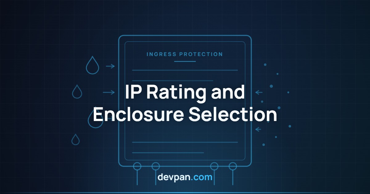 IP rating and enclosure selection cover image: switchboard enclosure with water drop and dust symbols